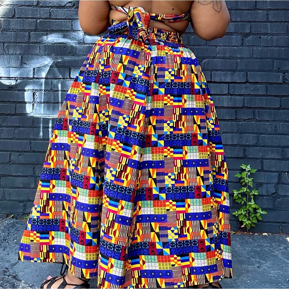 Tribal Abstract Mix Wax Print Cotton Tie Waist Maxi Skirt One Size Plus Size - Picture 9 of 12